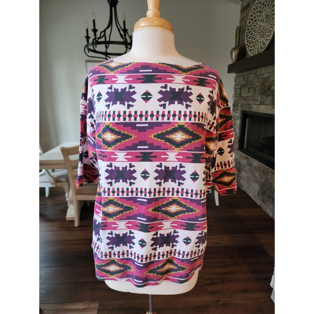 VTG 80s Womens Tribal Print Tunic Top Custom Boat Neck Oversized‎ Colorful Aztec
